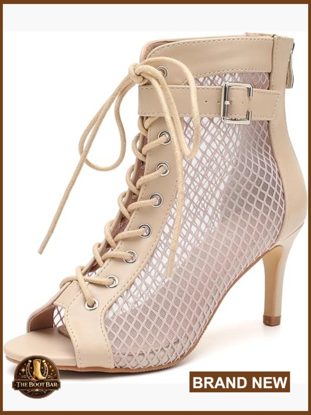 Women's Mesh Sandals Booties Peep Toe Lace Up Kitten Heels Zipper Dress Shoes